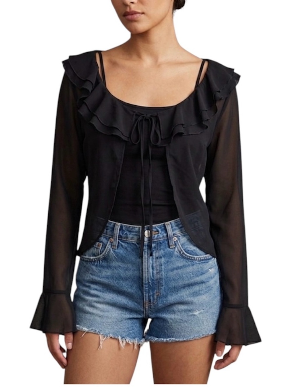 Princess Polly Black Sheer Tie Front Ruffle Blouse Long Sleeve 6 S